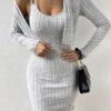 Women's Two Piece Dress Set Casual Dress Sweater Dress Outdoor Daily Fashion Ethnic Ribbed Mini Dress Strap Short Sleeve Plain Regular Fit Gray Fall Winter S M L XL -HANA Luxury Wear Shop ctjcvk1695105663652