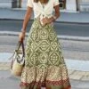 Women's Two Piece Dress Set Casual Dress Dress Set Outdoor Daily Fashion Ethnic Lace Up Ruffle Long Dress Maxi Dress Crew Neck Short Sleeve Floral Tribal Regular Fit Green Summer Spring S M L XL XXL