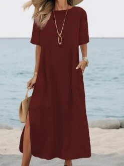 Women's Casual Dress Cotton Linen Dress Shift Dress Midi Dress Linen / Cotton Blend Basic Modern Outdoor Daily Weekend Crew Neck Pocket Split Half Sleeve Summer Spring Fall 2023 Loose Fit ArmyGreen -HANA Luxury Wear Shop ctkjpn1690364149425