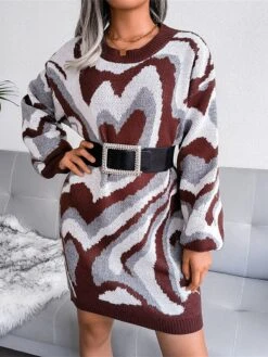 Women's Sweater Dress Jumper Dress Casual Dress Mini Dress Fashion Color Block Heart Outdoor Daily Vacation Going Out Crew Neck Long Sleeve 2023 Loose Fit Black Brown Khaki S M L -HANA Luxury Wear Shop ctrzry1694756611525