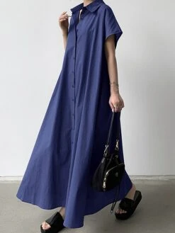 Women's Shirt Dress Casual Dress Maxi Long Dress Outdoor Daily Cotton Linen Basic Classic Shirt Collar Button Short Sleeve Summer Spring 2023 Loose Fit Navy Blue Brown Green Pure Color S M L XL XXL -HANA Luxury Wear Shop ctykbo1688542128604