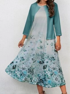 Women's Two Piece Dress Set Casual Dress Swing Dress Outdoor Office Fashion Streetwear Print Midi Dress Crew Neck 3/4 Length Sleeve Floral Regular Fit Navy Blue Royal Blue Blue Fall Winter S M L XL -HANA Luxury Wear Shop cuxhtm1697770546011