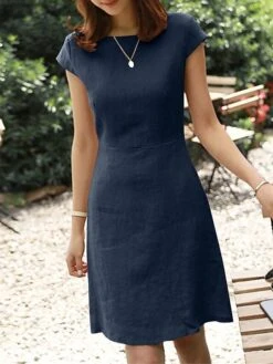 Women's Casual Dress Cotton Linen Dress A Line Dress Midi Dress Cotton Blend Casual Outdoor Vacation Crew Neck Zipper Short Sleeve Summer Spring 2023 Regular Fit ArmyGreen Light Green Pink Plain S M -HANA Luxury Wear Shop cvjhpk1683797307565