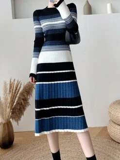 Women's Sweater Dress Winter Dress Jumper Dress Midi Dress Warm Color Block Stripe Outdoor Daily Going Out Crew Neck Long Sleeve 2023 Loose Fit Black Blue S M L XL -HANA Luxury Wear Shop cvmcqy1696926579549