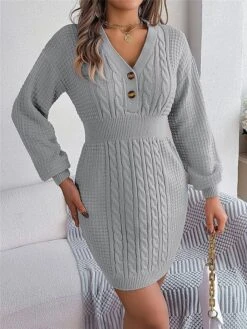 Women's Sweater Dress Winter Dress Jumper Dress Mini Dress Active Pure Color Outdoor Casual Holiday Vacation V Neck Long Sleeve Button 2023 Regular Fit White Pink Green S M L -HANA Luxury Wear Shop cvsfdi1696926542684