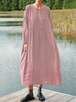 Women's Cotton Linen Dress Midi Dress Linen Cotton Blend Basic Daily Crew Neck Splice Basic Long Sleeve Spring Fall 2023 Loose Fit Light Pink ArmyGreen Black Plain S M L XL 2XL -HANA Luxury Wear Shop cwdtpe1695283949092