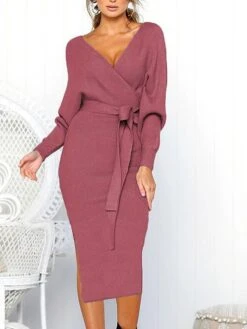 Women's Sweater Dress Winter Dress Jumper Dress Midi Dress Lace Up Split Daily Date Going Out Active Fashion V Neck Long Sleeve 2023 Regular Fit Black Yellow Fuchsia Color S M L XL XXL Size -HANA Luxury Wear Shop cwggdt1692857081893