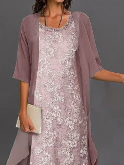 Women's Two Piece Dress Set Lace Dress Work Dress Office Wedding Guest Fashion Work Lace Midi Dress Crew Neck 3/4 Length Sleeve Floral Loose Fit Pink Fall Winter S M L XL XXL -HANA Luxury Wear Shop cwjglo1697081500625