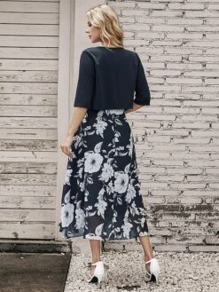 Women's Two Piece Dress Set Casual Dress Chiffon Dress Outdoor Daily Fashion Elegant Print Midi Dress V Neck Half Sleeve Floral Regular Fit Black Pink Gray Summer Spring S M L XL XXL -HANA Luxury Wear Shop cxcdzo1695873659805