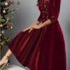 Women's Two Piece Dress Set Party Dress Wine Red Velvet Dress Party Sequin Dress Wedding Guest Fashion Modern Patchwork Midi Dress Crew Neck 3/4 Length Sleeve Plain