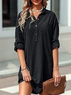 Women's Shirt Dress Casual Dress Mini Dress Outdoor Daily Cotton Linen Basic Classic Shirt Collar Button Pocket Long Sleeve Summer Spring Fall 2023 Loose Fit Black White Pink Pure Color S M L XL 2XL -HANA Luxury Wear Shop cxxlvg1691465498415