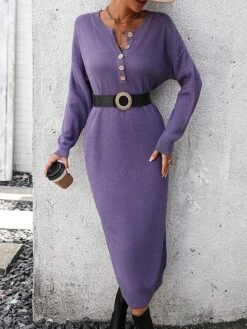 Women's Sweater Dress Winter Dress Jumper Dress Midi Dress Button Street Daily Going Out Fashion Streetwear Crew Neck Long Sleeve 2023 Loose Fit Black White Purple Color S M L XL Size -HANA Luxury Wear Shop cxzsmn1692259875170