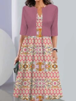 Women's Two Piece Dress Set Casual Dress Tank Dress Outdoor Daily Vintage Casual Pocket Print Midi Dress V Neck 3/4 Length Sleeve Geometric Color Block Regular Fit Black Pink Wine Summer Spring S M L -HANA Luxury Wear Shop cyisnq1690441703781