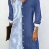 Women's Shirt Dress Casual Dress Shift Dress Mini Dress Outdoor Daily Date Polyester Basic Classic Shirt Collar Button Print Long Sleeve Spring Fall Winter 2023 Regular Fit Blue Striped S M L XL -HANA Luxury Wear Shop cyuwjf1692856903059
