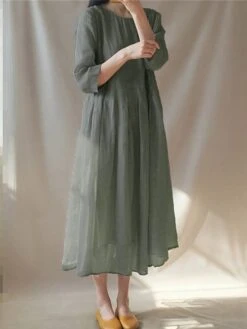 Women's Casual Dress Cotton Linen Dress Swing Dress Midi Dress Cotton Blend Basic Casual Outdoor Daily Vacation Crew Neck Ruched Pocket 3/4 Length Sleeve Summer Spring 2023 Loose Fit Yellow Gray Plain -HANA Luxury Wear Shop cyxqjr1679032710534
