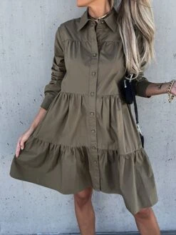 Women's Shirt Dress Casual Dress Swing Dress Midi Dress Outdoor Daily Vacation Cotton Basic Modern Shirt Collar Ruffle Button Long Sleeve Fall Winter 2023 Regular Fit ArmyGreen Black White Pure Color -HANA Luxury Wear Shop czdejb1695813927897