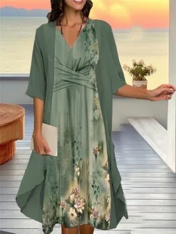 Women's Two Piece Dress Set Casual Dress Chiffon Dress Outdoor Daily Fashion Streetwear Knot Front Print Midi Dress V Neck 3/4 Length Sleeve Floral Regular Fit Pink Blue Purple Fall Winter S M L XL -HANA Luxury Wear Shop czqitd1693534943897