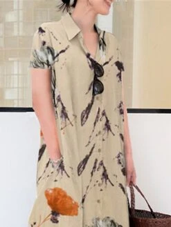 Women's Shirt Dress Casual Dress Shift Dress Maxi Long Dress Outdoor Daily Date Polyester Basic Modern Shirt Collar Button Pocket Short Sleeve Summer Spring 2023 Loose Fit Green Apricot Floral S M L -HANA Luxury Wear Shop czqnis1677232726351