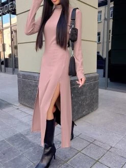 Women's Sweater Dress Jumper Dress Casual Dress Midi Dress Fashion Pure Color Outdoor Daily Vacation Going Out Turtleneck Long Sleeve 2023 Regular Fit Pink Green S M L -HANA Luxury Wear Shop czxcln1695643226241