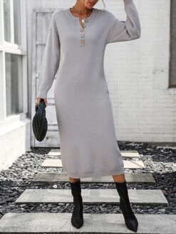 Women's Sweater Dress Jumper Dress Casual Dress Midi Dress Active Plain Outdoor Casual Holiday Vacation Crew Neck Long Sleeve Button 2023 Loose Fit Black White Purple S M L XL -HANA Luxury Wear Shop daamst1697595513739