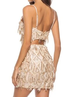 Women's Two Piece Dress Set Party Dress Skirt Set Party Cocktail Party Fashion Party Tassel Fringe Backless Mini Dress Strap Sleeveless Plain Slim Champagne Gold Spring Fall S M L XL -HANA Luxury Wear Shop daczqc1692935662953