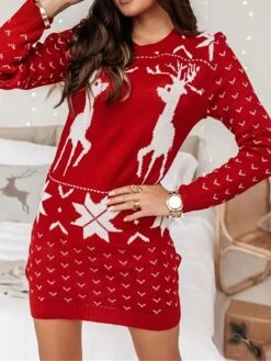 Women‘s Christmas Sweater Dress Jumper Dress Winter Dress Fashion Ugly Christmas Outdoor Christmas Daily Vacation Crew Neck Long Sleeve Button 2023 Loose Fit Wine S M L XL -HANA Luxury Wear Shop damomu1694602179932