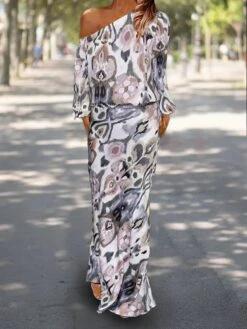 Women's Two Piece Dress Set Casual Dress Sheath Dress Outdoor Daily Fashion Streetwear Print Maxi Dress One Shoulder Long Sleeve Graphic Abstract Loose Fit Red Royal Blue Sky Blue Summer Spring S M L -HANA Luxury Wear Shop daoyci1683543166749