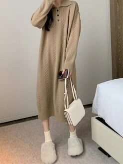 Women's Sweater Dress Jumper Dress Casual Dress Midi Dress Fashion Pure Color Outdoor Daily Vacation Going Out Lapel Long Sleeve Patchwork Button 2023 Regular Fit White Camel One Size -HANA Luxury Wear Shop dapmij1695280911828