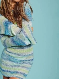 Women‘s Sweater Dress Winter Dress Open Back Knitted Striped Stylish Sexy Soft Long Sleeve Sweater Cardigans Crew Neck Spring Summer Light Blue -HANA Luxury Wear Shop dbpllp1643015414418