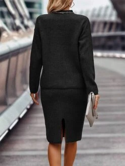 Women's Two Piece Dress Set Casual Dress Skirt Set Outdoor Daily Fashion Streetwear Ribbed Midi Dress Turtleneck Long Sleeve Plain Loose Fit Black Wine Dark Pink Fall Winter S M L XL XXL -HANA Luxury Wear Shop dbvbfo1693214131519