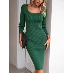 Women's Sweater Dress Winter Dress Jumper Dress Midi Dress Split Daily Date Going Out Active Fashion Crew Neck Long Sleeve 2023 Slim Black Blue Green Color S M L XL Size -HANA Luxury Wear Shop dcbxxu1692353019709