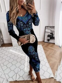 Women‘s Christmas Sweater Dress Jumper Dress Winter Dress Warm Floral Outdoor Christmas Daily Holiday V Neck Long Sleeve 2023 Regular Fit Yellow Blue Green S M L XL XXL 3XL -HANA Luxury Wear Shop dcoyyo1695715380097