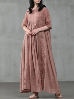 Women's Casual Dress Cotton Linen Dress Swing Dress Long Dress Maxi Dress Black Pink Green Short Sleeve Pure Color Ruched Spring Fall Autumn Crew Neck Elegant Vacation Loose Fit 2022 S M L XL XXL 3XL -HANA Luxury Wear Shop dcsqru1629970906987