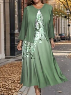 Women's Plus Size Two Piece Dress Set Casual Dress Swing Dress Outdoor Office Fashion Streetwear Print Midi Dress Crew Neck Long Sleeve Floral Ombre Regular Fit Blue Purple Green Fall Winter L XL XXL -HANA Luxury Wear Shop dctker1697784949292