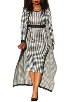 Women's Two Piece Dress Set Casual Dress Sheath Dress Daily Going Out Streetwear Modern Print Midi Dress Crew Neck Long Sleeve Houndstooth Regular Fit Black Fall Winter S M L XL XXL -HANA Luxury Wear Shop dctycq1695194337094