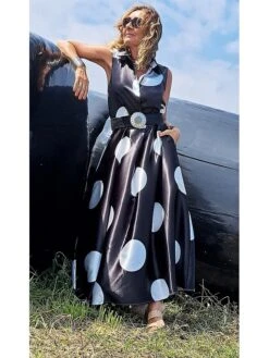 Women's Shirt Dress Casual Dress Swing Dress Maxi Long Dress Outdoor Office Daily Satin Fashion Modern Shirt Collar Button Pocket Sleeveless Summer Spring 2023 Regular Fit Black White Green Polka Dot -HANA Luxury Wear Shop dedoeq1690352509930