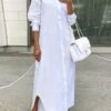 Women's Shirt Dress Casual Dress Shift Dress Maxi Long Dress Outdoor Daily Vacation Polyester Fashion Modern Shirt Collar Button Split Long Sleeve Summer Spring Fall 2023 Loose Fit White Blue Green -HANA Luxury Wear Shop degqwm1689847494134