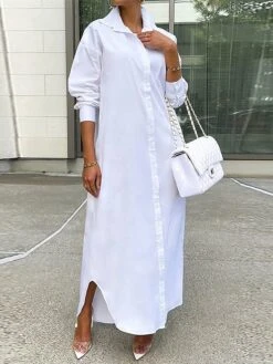 Women's Shirt Dress Casual Dress Shift Dress Maxi Long Dress Outdoor Daily Vacation Polyester Fashion Modern Shirt Collar Button Split Long Sleeve Summer Spring Fall 2023 Loose Fit White Blue Green