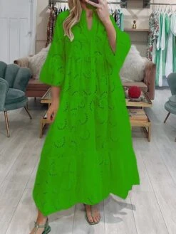 Women's Shirt Dress Casual Dress Swing Dress Maxi Long Dress Outdoor Daily Vacation Cotton Fashion Modern Split Neck Lace Button 3/4 Length Sleeve Summer Spring Fall 2023 Loose Fit White Yellow Red -HANA Luxury Wear Shop derqbx1691751745818