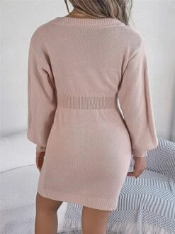 Women's Sweater Dress Winter Dress Jumper Dress Mini Dress Warm Pure Color Outdoor Casual Holiday Vacation V Neck Long Sleeve 2023 Regular Fit Pink Burgundy Green S M L -HANA Luxury Wear Shop dewacp1696926502296
