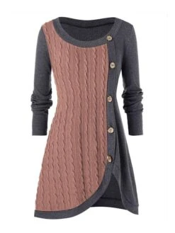 Women's Sweater Dress Winter Dress Jumper Dress Mini Dress Patchwork Button Street Daily Holiday Fashion Modern Crew Neck Long Sleeve 2023 Loose Fit Pink Wine Purple Color L XL XXL 3XL 4XL Size -HANA Luxury Wear Shop dfaerz1692358246795