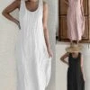 Women's Casual Dress Cotton Linen Dress Shift Dress Midi Dress Bamboo Modern Casual Daily U Neck Ruched Sleeveless Summer Spring 2023 Regular Fit Black White Pink Pure Color S M L XL 2XL -HANA Luxury Wear Shop dfnkcq1684467321940