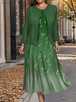 Women's Plus Size Two Piece Dress Set Casual Dress Swing Dress Outdoor Office Fashion Streetwear Print Midi Dress Crew Neck Long Sleeve Floral Ombre Regular Fit Wine Blue Green Fall Winter L XL XXL -HANA Luxury Wear Shop dgbhdw1697784866462