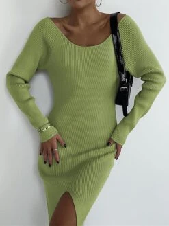 Women's Sweater Dress Winter Dress Jumper Dress Midi Dress Split Outdoor Daily Vacation Fashion Streetwear V Neck Long Sleeve 2023 Regular Fit Black White Green Color S M L Size -HANA Luxury Wear Shop dgtnbs1692614185099