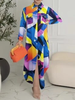 Women's Shirt Dress Casual Dress Maxi Long Dress Outdoor Daily Date Polyester Fashion Hot Shirt Collar Button Pocket Long Sleeve Summer Spring Fall 2023 Regular Fit Black White Yellow Geometric Color -HANA Luxury Wear Shop dhfkkg1689054937906