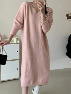 Women's Sweater Dress Jumper Dress Casual Dress Midi Dress Fashion Pure Color Outdoor Daily Vacation Going Out V Neck Long Sleeve Patchwork 2023 Regular Fit Black White Pink One Size -HANA Luxury Wear Shop dhrteq1695351278719