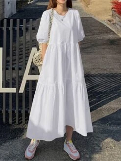 Women's Casual Dress Cotton Linen Dress Swing Dress Maxi Long Dress Cotton Blend Basic Casual Outdoor Daily Holiday Crew Neck Ruched Pocket Half Sleeve Summer Spring 2023 Loose Fit Black White Red -HANA Luxury Wear Shop dicfrh1657768776046