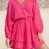 Women's Cotton Linen Dress A Line Dress Loose Dress Mini Dress Linen Cotton Blend Daily Modern Style Daily Holiday Date V Neck Ruffle Button Long Sleeve Spring Fall Autumn 2023 Loose Fit Orange Rose -HANA Luxury Wear Shop dicuup1697189575742