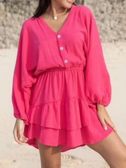 Women's Cotton Linen Dress A Line Dress Loose Dress Mini Dress Linen Cotton Blend Daily Modern Style Daily Holiday Date V Neck Ruffle Button Long Sleeve Spring Fall Autumn 2023 Loose Fit Orange Rose