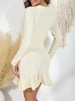 Women's Sweater Dress Jumper Dress Casual Dress Mini Dress Warm Pure Color Outdoor Casual Daily Going Out Crew Neck Long Sleeve Ruffle 2023 Regular Fit Beige S M L XL -HANA Luxury Wear Shop djmsfq1695030478066